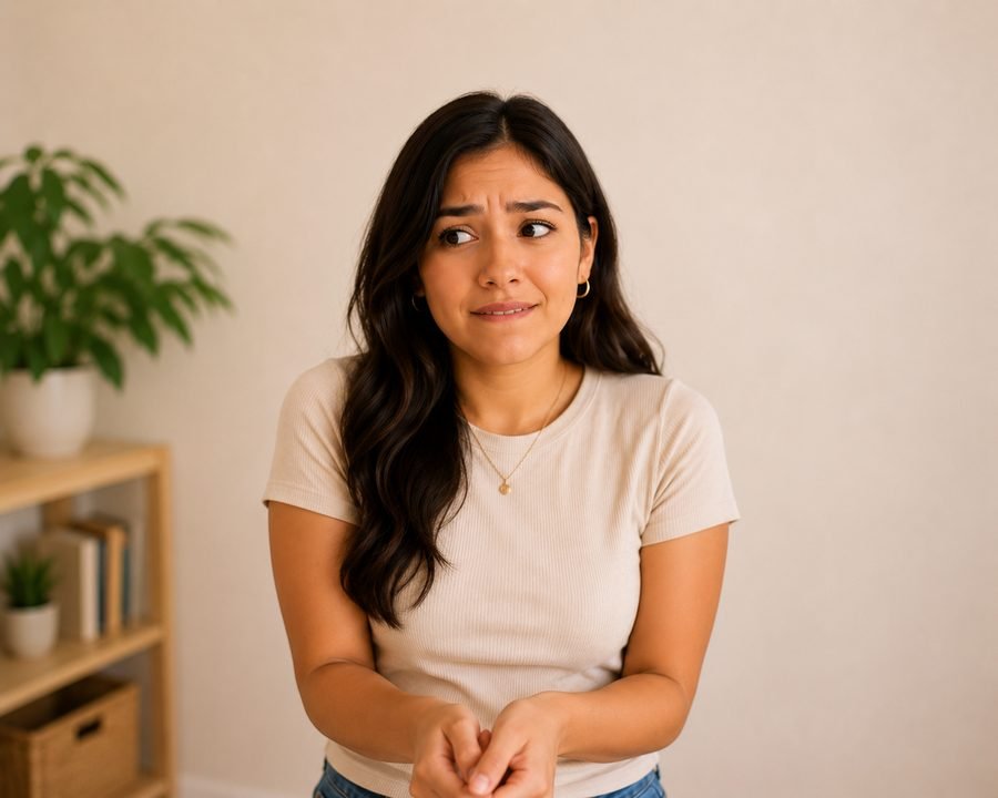 Mujer hispana con pena de hablar en inglés
