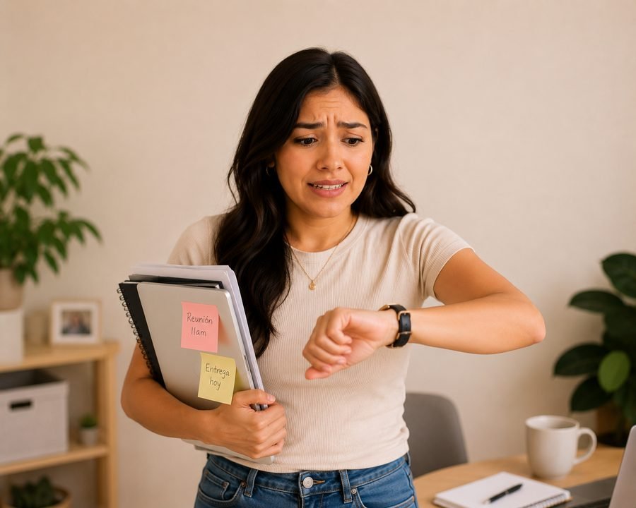Mujer hispana mirando el reloj, sin tiempo